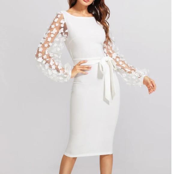 MediaByMedina Dresses & Skirts - Floral Applique Sheer Bishop Sleeve Belted Dress